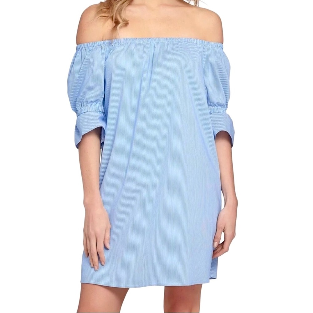 1.State Pinstripe Blue White Off The Shoulder Short Sleeve Mini Sundress M